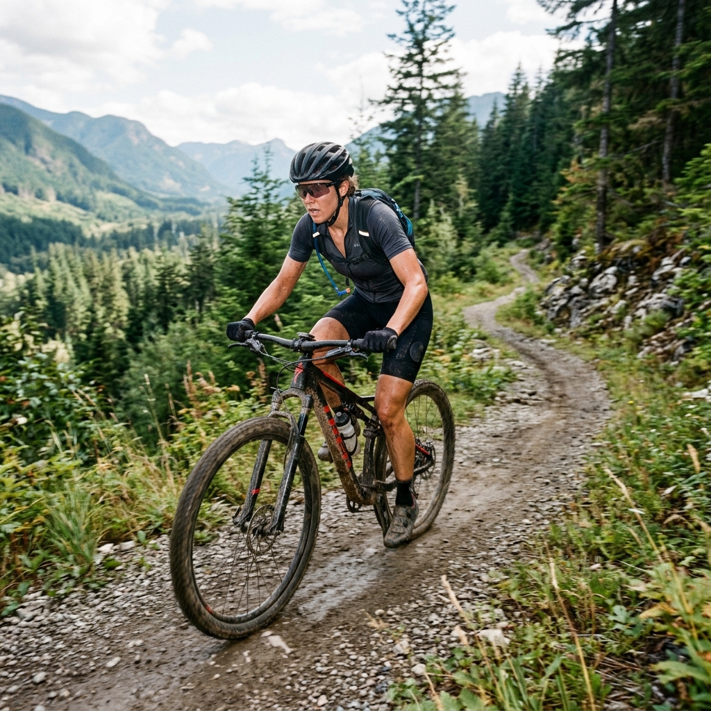 Endurance cyclist on trail, athletic performance