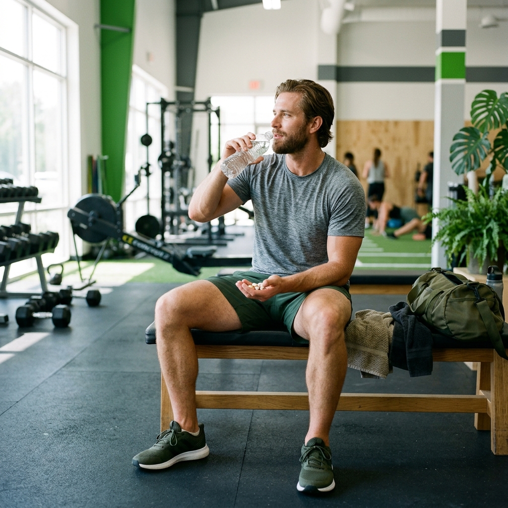 Gym athlete taking amino acid supplement post-workout